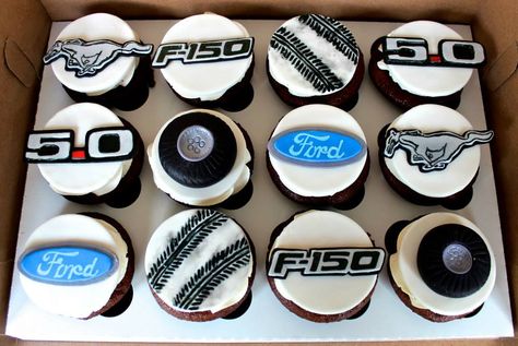 Ford mustang themed birthday cupcakes car cars racing tires 5.0 Ford Mustang Party Decorations, Ford Truck Birthday Party Ideas, Mustang Theme Party, Mustang Theme Birthday Party, Mustang Party Ideas, Ford Themed Birthday Party, Ford Birthday Party Ideas, Mustang Birthday Party, Mustang Birthday Party Ideas