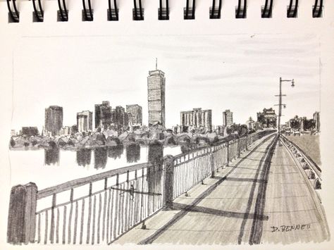 Boston Skyline, 1997. Sketch pad with markers. Nov. 2012. Boston Tattoo, Boston Skyline, Sketch Pad, Perspective Drawing, Art Studio, New York Skyline, Markers, Boston, Sketch