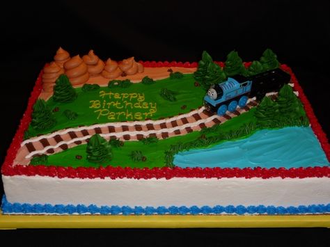 Thomas The Train Sheet Cake, Train Sheet Cake, Buttercream Trees, Thomas Birthday Cakes, Train Birthday Theme, Thomas Train Cake, Thomas The Train Birthday Party, Train Birthday Cake, Thomas The Train Party