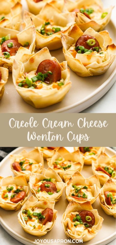 Cream Cheese Wonton Cups, Cream Cheese And Sausage, Creole Cream Cheese, Mardi Gras Appetizers, Cajun Appetizers, Fun Party Food, Savoury Finger Food, Cream Cheese Wontons, Cheese Wontons