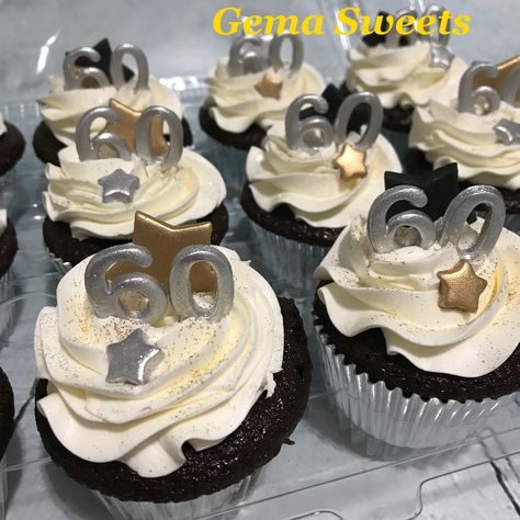 60th birthday cupcakes by Gema Sweets. Cupcakes 60th Birthday Women, 60th Bday Cupcake Ideas, 75th Birthday Cupcakes, 70th Birthday Cupcakes For Men, 60th Birthday Cupcakes For Men, Cupcakes 60th Birthday, 60th Cupcakes, 60 Cupcakes, 60th Birthday Cupcakes