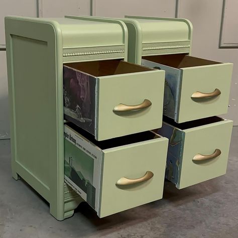 SOLD**** These art deco nightstands are so pretty 😍 Just look at all the details. Spring is coming and I was inspired to do something light and fresh. This color is so relaxing to look at, im obsessed. They feature original gold hardware and spacious clean drawers. (previous owner lined drawers with cool vintage magazine pictures) BM- georgian green Dimensions- 11” long 17” wide 27” tall #explore#vintage#artdeco#nightstands Dresser Flip, Dresser Flips, Art Deco Nightstand, Waterfall Dresser, Lined Drawers, Im Obsessed, Magazine Pictures, Night Stands, Dressing Tables