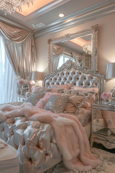 Give your small bedroom an elegant glamorous makeover. Blend sumptuous materials, gold accents, and luxurious accessories to design a stunning and refined space. Perfect for a glamorous aesthetic. #ElegantGlamour #BedroomMakeover #SmallSpaceLuxury Fancy Room Aesthetic, Rich Room Aesthetic, Glam Chic Bedroom, Classy Bedroom Ideas For Women, Rich Girl Bedroom, Bedroom Schemes, Bed Goals, Glamorous Aesthetic, Small Bedroom Makeover