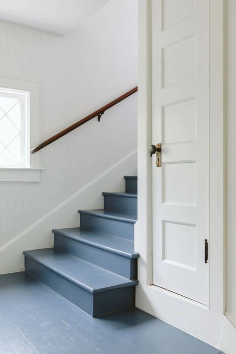 Blue Grey Staircase, Painted And Stained Stairs, Blue Painted Stairs With Runner, Navy Painted Stairs, Blue Painted Staircase, Dark Blue Stairs, Blue Stairs Painted, Dark Blue Staircase, Painted Wooden Stairs