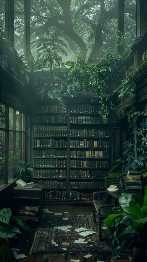 Enchanted Forest Aesthetic Room, Forest Aesthetic Room Decor, Green Castle Aesthetic, Green Academia Aesthetic Wallpaper, Enchanted Forest Library, Green Academia Wallpaper, Dark Academia Green Aesthetic, Dark Green Academia Aesthetic, Overgrown Library