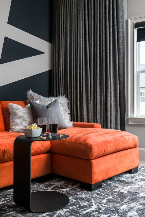 Furniture, Couch, Room, Living room, Orange, Interior design, Black, Wall, Brown, studio couch, Orange Couch, Orange Sofa, Contemporary Seating, Orange Home Decor, Unique Sofas, Living Room Orange, Orange Decor, Foyer Design, Living Room Sofa Design