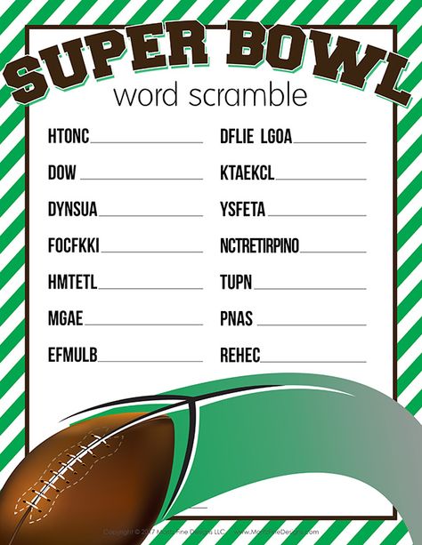 The free printable Super Bowl Word Scramble is a fun football activity for kids to do before or during the big game or party. Super Bowl Printables, Super Bowl Activities, Football Party Games, Super Bowl Game, Superbowl Party Games, Football Activity, Dinner Party Games, Superbowl Game, Healthy Superbowl Snacks