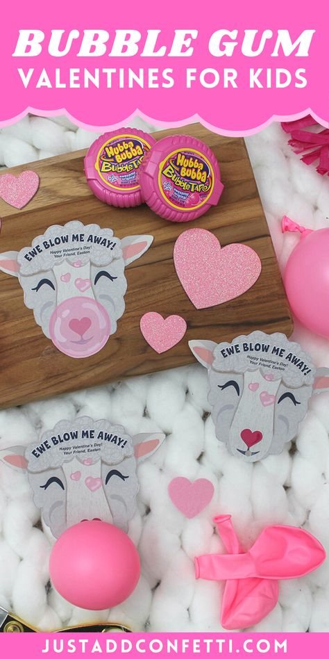 These "Ewe Blow Me Away" bubble gum kids valentines are so fun! Perfect for school valentine exchanges and Valentine’s Day classroom parties. All you need are packs of gum or Bubble Tape dispensers and my Just Add Confetti valentine printables. Print the sheep valentine printables and attach the gum on the back. Add a pink balloon bubble for added fun! The ewe printables are available in my Just Add Confetti Etsy shop. Head to justaddconfetti.com for more easy and creative kids valentines. Creative Kids Valentines, Brunch Mimosa Bar, Brunch Mimosa, Bubble Valentines, Valentine Printables, Tape Dispensers, Planet For Kids, Super Mario Birthday Party, Pokemon Birthday Party