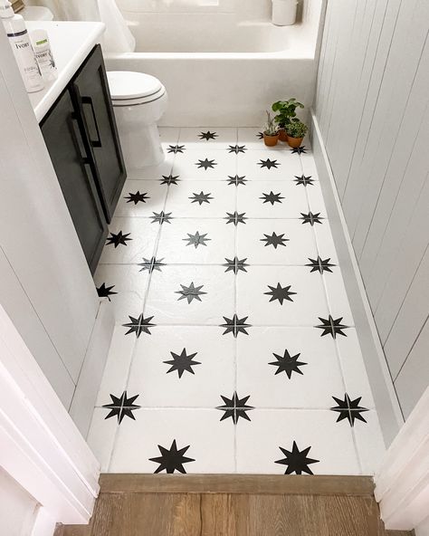 Painted star floor. The Star Bathroom Reveal - Angela Rose Home Angela Rose Home, Painted Bathroom Floors, Angela Rose, Painted Bathroom, Painting Tile Floors, Board And Batten Wall, Casa Country, Painted Floor, Stenciled Floor