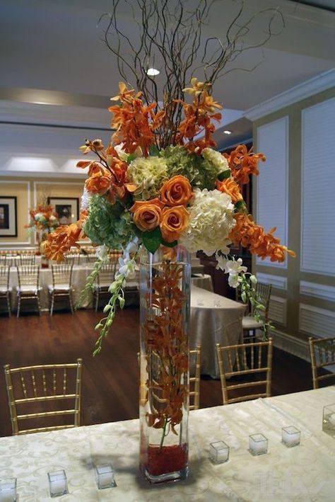 High Vase Flower Arrangements, Fall Flower Centerpieces Wedding, Orange And White Flower Arrangements, High Centerpieces, Thanksgiving Flower Arrangements, Mokara Orchids, Thanksgiving Floral Arrangements, Tuscany Decor, Homecoming 2024