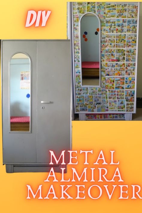 Metal Cupboard Makeover, Almirah Decoration Ideas Diy, Metal Almirah Makeover, Godrej Almirah Makeover, Steel Almirah Makeover, Steel Almirah Painting Ideas, Iron Almirah Painting Ideas, Godrej Almirah Design, Almirah Painting Ideas