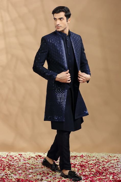 Blue Sangeet Outfit For Groom, Sangeet Groom Outfit Indian Weddings, Sangeet Mens Outfit, Sangeet Night Outfit For Men, Groom Outfit For Reception, Groom Outfit For Sangeet, Groom Indo Western Outfit, Outfits For Sangeet Indian Weddings, Groom Outfit For Engagement