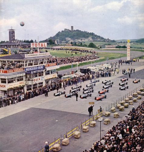 Start of the 1965 Grand Prix with the Nurburg (Castle) watching in the background German Grand Prix, Rare Cars, Laguna Seca, Formula 1 Car, Ferrari F1, Sports Car Racing, F1 Racing, Automotive Art, Motor Racing