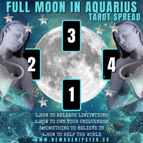 Full Moon In Aquarius Tarot Spread, Aquarius Tarot Spread, Tarot Spreads Layout, Full Moon In Aquarius, Oracle Spreads, Aquarius Tarot, Full Moon Tarot, Full Blue Moon, Oracle Card Spreads