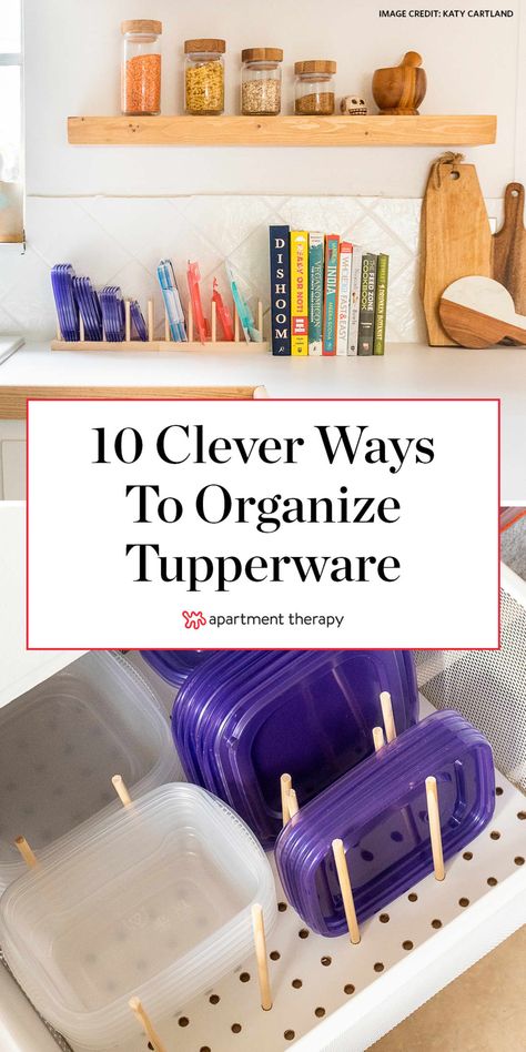 10 Clever Ways to Organize Tupperware and Food Storage Containers | Apartment Therapy Organize Tupperware, Tupperware Organizing, Storage Hacks Diy, Tupperware Storage, Cleaning Inspiration, Book Bins, Clever Organizer, Organized Kitchen, Kitchen Organisation