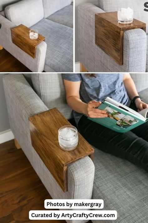 Learn how to make a simple DIY wooden cup holder from any of these tutorials. Projects curated by ArtyCraftyCrew. Diy Wooden Couch, Wooden Cup Holder, Couch Cup Holder, Sofa Arm Table, Wooden Couch, Diy Home Accessories, Ipe Wood, Wooden Cup, Diy Crafts For Adults