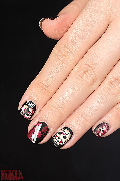 Friday The 13th Nails, Badass Nails, Designed Nails, Nailart Ideas, Coco Nails, Halloween Nails Diy, Mini Canvases, Crazy Nail Art, Water Nails