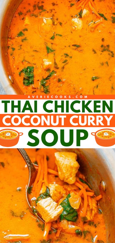 A simple soup recipe featuring Thai red curry paste! This chicken dinner idea in one pot is easy and ready in just 20 minutes. Healthy yet hearty with amazing flavor, this Thai Chicken Coconut Curry Soup will become one of your go-to comfort food! Thai Red Curry Chicken Soup, Chicken Curry Soup Coconut, Coconut Curry Soup Recipes, Curry Soup Recipes Coconut, Thai Coconut Curry Chicken Soup, Red Thai Coconut Curry, Chicken Coconut Curry Soup, Thai Chicken Coconut Curry, Thai Chicken Curry Soup