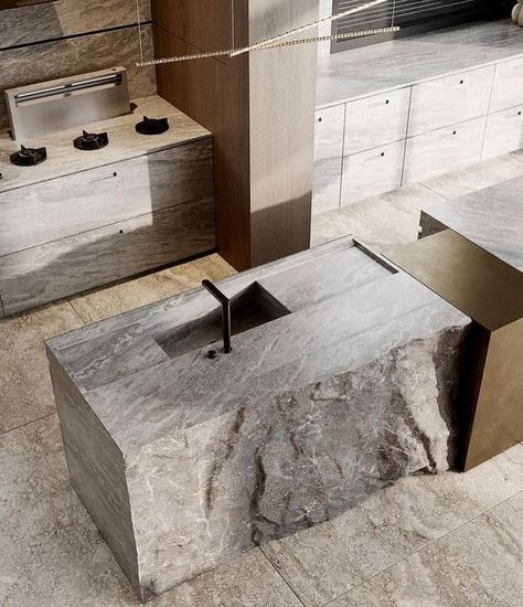 Solid Stone Kitchen Island, Modern Stone Kitchen Design, Organic Countertops, Sculptural Kitchen Island, Stone Island Kitchen, Kitchen Island Stone, Stone Kitchen Design, Interior Design Luxury Modern, Big Kitchen Design