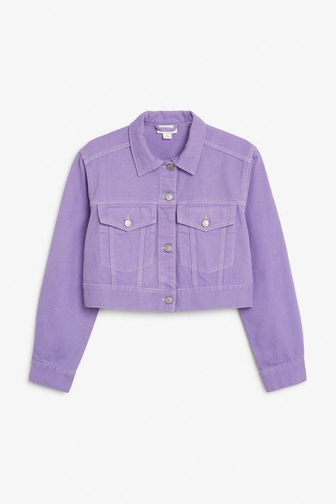 Cropped denim jacket - Purple lilacs - Coats & Jackets - Monki FR Purple Outfits, Purple Jacket, Cropped Denim Jacket, Fashion Design Clothes, Girls Fashion Clothes, Cropped Denim, Teen Fashion Outfits, Dream Clothes, Cute Casual Outfits