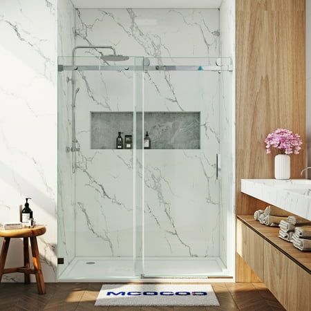 This frameless single sliding shower door pushes and pulls smoothly by MCOCOD, the thick glass offers a luxurious, heavier feel, bringing comfortable and unbreakable safety experience. The combination of double-sided easy-clean glass and elegant hardware accessories, creating a more spacious, open look in your bathroom, make your shower room more elegant and decorative. Easy and quick installation. Single side shower access with reversible installation opening direction. Item Specifications: Size: 60"×76".  Color: Silver. Shower Barn Door, Semi Frameless Shower Doors, Standing Shower, Frameless Shower Door, Double Sliding Doors, Shower Units, Tub Doors, Tub Shower Doors, Salt Air