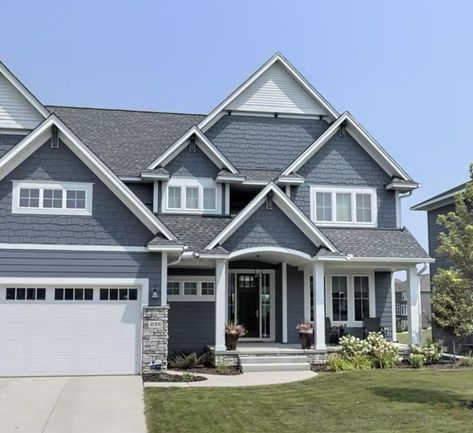 Blue Grey Exterior House, Gray Blue House Exterior, Blue Grey Exterior, Blue Grey Exterior House Colors, Grey Exterior House, Grey House Paint, Grey Exterior House Colors, Exterior House Siding, Gray House Exterior