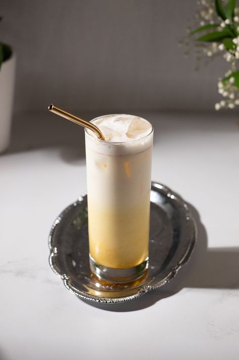 Iced Ombré Golden Milk (Turmeric Milk) - Moody Mixologist Iced Golden Milk, Moody Mixologist, Ginger Simple Syrup, Caffeine Free Drinks, Fresh Turmeric Root, Tea Soda, Restaurant Drinks, Simple Syrup Recipes, Turmeric Milk