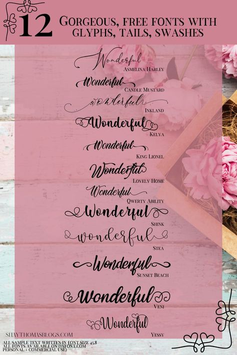 12 Free fonts with tails, glyphs and swashes. Perfect to use as Wedding Fonts, Invitation Font, Party Font, Baby Shower Font. These gorgeous free fonts are beautiful and eye catching. Available for personal and commerical use. Download free fonts to use on your blog. Glyph fonts and fonts with tails for announcements Free Fonts With Tails, Free Font With Tails, Fonts With Tails, Font Ideas Alphabet, Free Cursive Fonts, Best Canva Fonts, Glyph Font, Free Fonts For Cricut, Party Font