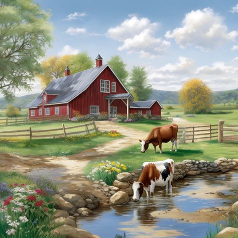 Barn Pictures Ideas, Farm Drawing Landscape, Country Scenes Farms Landscapes, Farmland Art, Farm Landscape Painting, Farm Scene Painting, Farm Painting, Farm Images, Farm Pictures