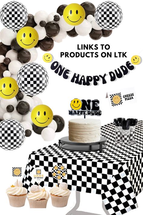 One Happy Dude 1st Birthday Theme! Planning birthday parties can be fun but stressful. I've compiles a list of products to make your sons 1st Birthday a hit. Checkered print balloons, smiley face balloons, cake stand, black and white balloon garland, checkered tablecloth, One happy Dude cake topper links all on LTK One Happy Dude Birthday Party Theme, One Happy Dude Party Decor, 1 Cool Dude Birthday, Sons First Birthday Ideas, One Happy Dude 1st Birthday, Happy Dude Birthday Theme, One Happy Dude Birthday Balloon Arch, One Happy Dude Birthday Table Decor, One Happy Dude Birthday Party