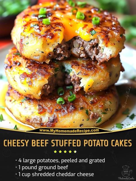 Last Minute Recipes, Stuffed Potato Cakes, Meals And Munchies, Stuffed Potato, Steak And Ale, Best Burger Recipe, Shredded Cheddar Cheese, Xmas Dinner, Potato Cakes