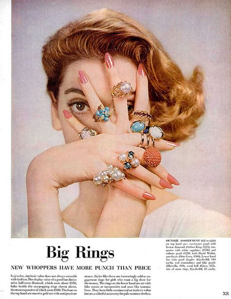 Big rings are a hit in this 1952 magazine write up. #vintage #rings #jewelry #1950s 1950s Beauty, Carmen Dell'orefice, Many Rings, 1950s Jewelry, Jewelry Editorial, Jewelry Ads, I'm With The Band, Big Rings, Foto Art