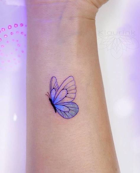 Small Colour Butterfly Tattoo, Small Butterfly Tattoos For Women Unique, Colorful Butterflies Tattoo, Purple Fine Line Tattoo, Uv Butterfly Tattoo, Small Butterfly Tattoo With Color, Small Butterfly Tattoo Color, Fine Line Colour Tattoo, Purple Line Tattoo