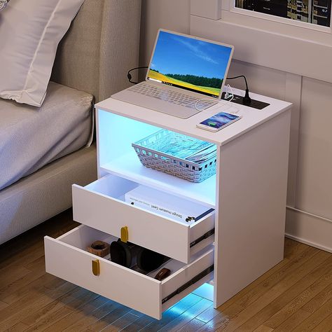 LED Nightstands,Smart Night Stand with 2 USB Charging Station Cool Bedside Tables, Greek Bedroom, Rustic Bedside Table, Best Bedroom Colors, Drawers For Bedroom, Side Tables For Bedroom, Nightstand With Charging Station, Shoe Rack Living Room, Bedside Table Design