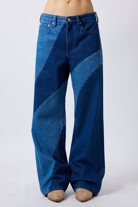 These Colorblock Jeans feature a mid to low rise fit and baggy straight leg for a classic, comfortable look. With their unique color block denim design, these jeans will be sure to get you compliments. Make a fashion statement and add these jeans to your wardrobe today! Colorblock Jeans, Patchwork Denim Jeans, Unique Jeans, Upcycle Shirt, Denim Cargo Pants, Fashion Design Patterns, Custom Jeans, Upcycle Jeans, Quick Outfits