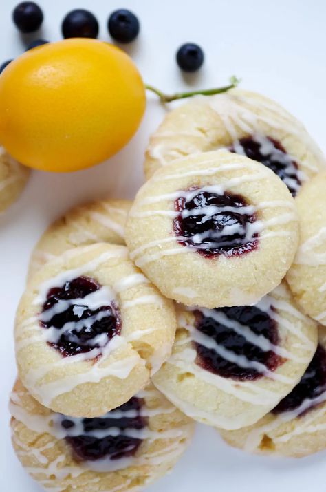 Lemon Blueberry Thumbprint Cookies - The Forked Spoon Thumbprint Cookies Christmas, Best Thumbprint Cookies, Lemon Thumbprint Cookies, Lemon Blueberry Cookies, Cookies Lemon, Summer Cookie, Jam Thumbprint Cookies, Blueberry Cookies, Thumbprint Cookies Recipe