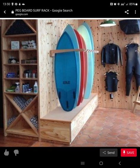 Surf Shop Interior, Outdoor Gear Storage, Surfboard Storage, Gear Room, Peg Boards, Kayak Storage Rack, Surfboard Rack, Surf Room, Wall Display Shelves