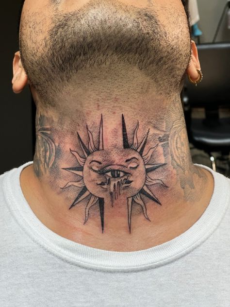 Third eye split sun tattoo neck Sun Third Eye Tattoo, Third Eye Neck Tattoo, Third Eye Tattoo Men, Spiritual Throat Tattoo, Sun Throat Tattoo, Eye Throat Tattoo, Melting Eye Tattoo, Sun Tattoos Men, Evil Sun Tattoo