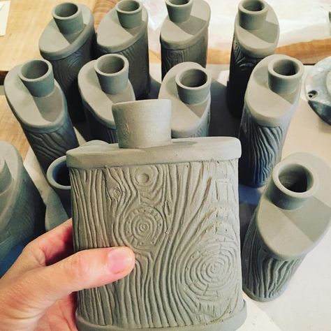 To all those grown up boy scouts who live by the motto "be prepared"... I've got you covered. Lumberjack flasks, restock in progress. #clay… | Instagram Ceramics Vessels, Carved Ceramics, Clay Totem, Ceramic Flask, Ceramic Bottles, Fire Shape, Slab Ceramics, Coil Pots, Ceramic Texture