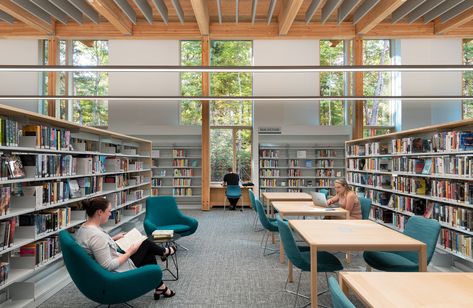 Public Library Architecture, Public Library Design, Cedar Cladding, Library Bookshelves, Wood Columns, Community Library, Timber Roof, Open Library, Library Architecture