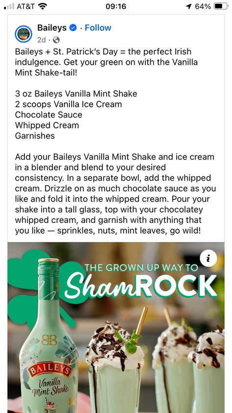 Baileys Vanilla Mint, Ice Cream In A Blender, Mint Shake, Ice Cream Chocolate, Shamrock Shake, Mint Recipes, Dinner For Two, Go Wild, Looks Yummy