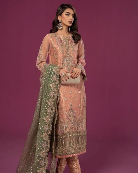 For Order inbox us Pakistani Salwar Suit, Organza Suit, Asian Dresses, Pakistan Dress, Pakistani Women Dresses, Organza Suits, Dress Event, Peach Fabric, Organza Shirt