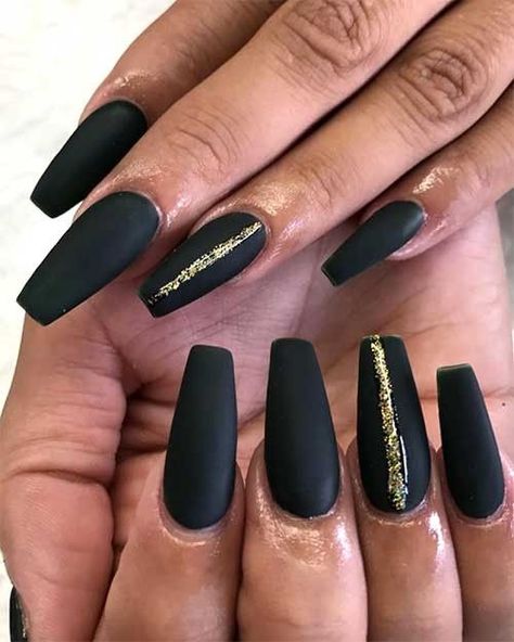 Black Matte Acrylic Nails, Nails With Gold Glitter, Gold Coffin Nails, Marble Acrylic Nails, Black Gold Nails, Nails With Gold, Black Nails With Glitter, Black Coffin Nails, Silver Glitter Nails