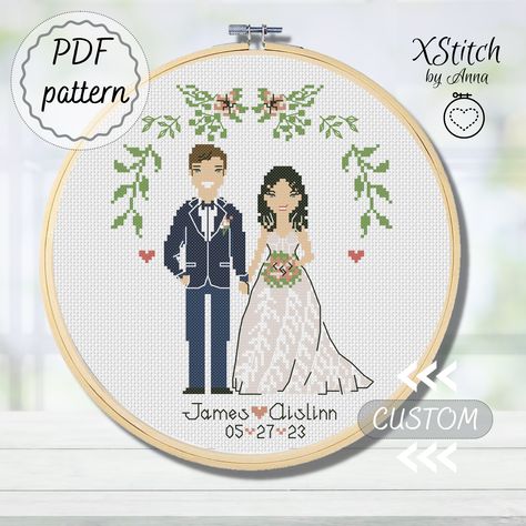 Mr and Mrs wedding portrait from photo custom cross stitch pattern newlywed gift for bride cotton 2nd anniversary gift Stitch Portrait, Portrait Cross Stitch, Unique Cross Stitch, 2nd Anniversary Gift, Wedding Cross Stitch Patterns, Cross Stitch Tutorial, Wedding Cross Stitch, Easy Cross Stitch Patterns, Wedding Cross