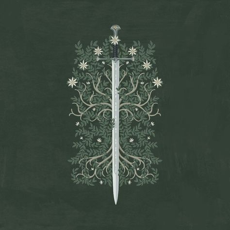 Digitally painted illustration of Anduril, The sword of Aragorn, layered over the Tree of Gondor Tree Of Gondor Tattoo, Lotr Swords, Tree Of Gondor, Lotr Tattoo, Lord Of The Rings Tattoo, Power Wallpaper, Middle Earth Art, Lotr Art, Swords Medieval