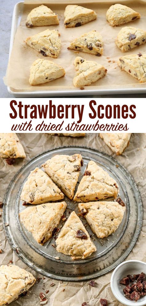 Moist and tender, these easy strawberry scones melt in your mouth. The BEST ever strawberry scones with dried strawberries and cream. Recipes With Dried Strawberries, Recipes With Dehydrated Strawberries, Recipes Using Dried Strawberries, Recipes With Freeze Dried Strawberries, Strawberry Recipes Easy, Dehydrated Strawberries, Well Plated, Fruit Desserts Easy, Strawberry Scones