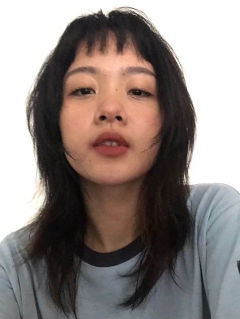 Hush hair cut with microbangs Hair Inspiration Round Face, Microbangs Asian, Straight Grunge Hair, Wolfcut Micro Bangs, Asian Micro Bangs, Wolf Cut Micro Bangs, Wolf Cut With Micro Bangs, Wispy Baby Bangs, Microbangs Long Hair