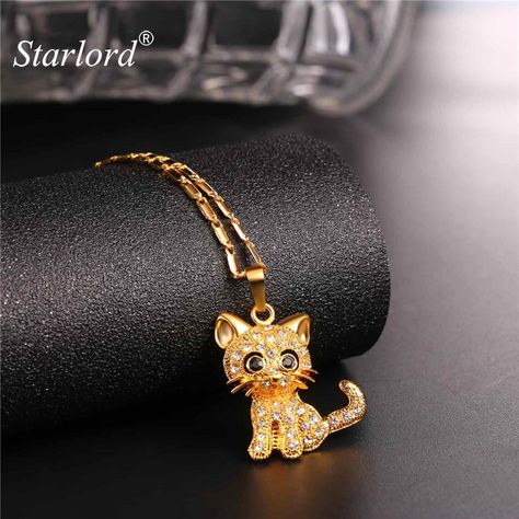 Rhinestone Cute Cat Necklace Trendy Gold Color Link Chain For Women Collares Lucky Pet Pendant Bijoux Wholesale P2453 Necklaces Shop, Popular Necklaces, Cat Pendant Necklace, Rose Quartz Jewelry, Cat Pendant, Gold Chain With Pendant, Cat Pendants, Ruby Jewelry, Cat Jewelry