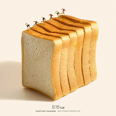 Miniature Calendar World Athletics Day, Bread Advertising, Tatsuya Tanaka, Miniature Calendar, Miniature People, Micro Photography, Foodie Art, Miniature Photography, Tiny People