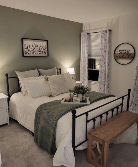 Sage Color Bedroom Ideas, Room Ideas Aesthetic Gray, Sage Green Master Bed, Guest Room Color Scheme, Bedroom With Green Accent Wall, Simple Guest Bedroom Ideas, Guest Bedroom Decor, Guest Room Office, Room Makeover Bedroom